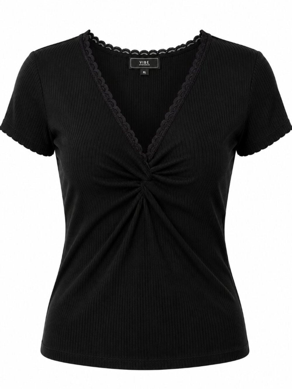 VIBE Women’s XL Ribbed Twist Front Lace Trim Top Black Short Sleeve Size XL